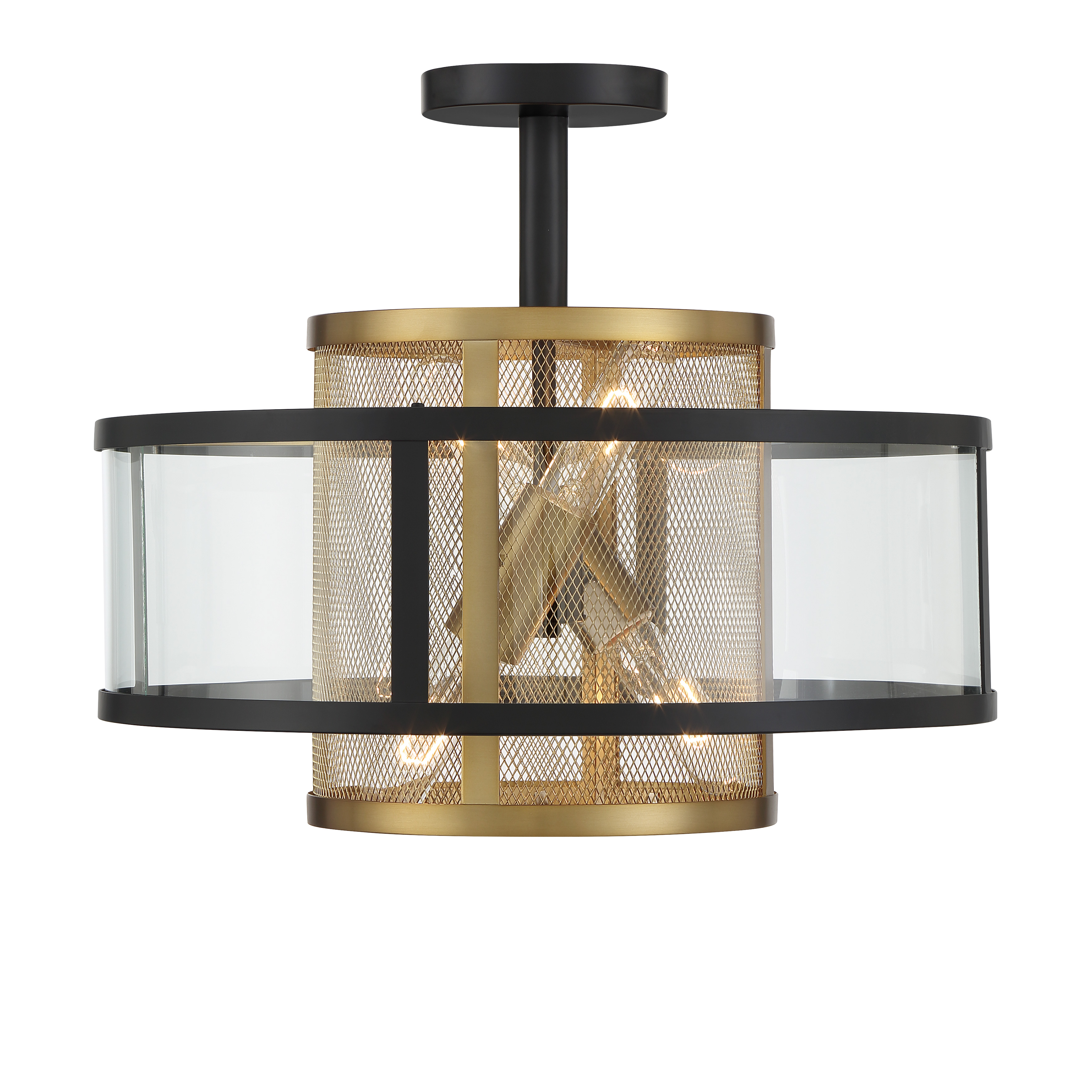 Robin Baron's SoHo fixture blends industrial wire mesh with refined brass accents, offering versatile installation as pendant or semi-flush. The 18-inch square profile and 4-light configuration deliver substantial illumination with architectural presence. - alternate view