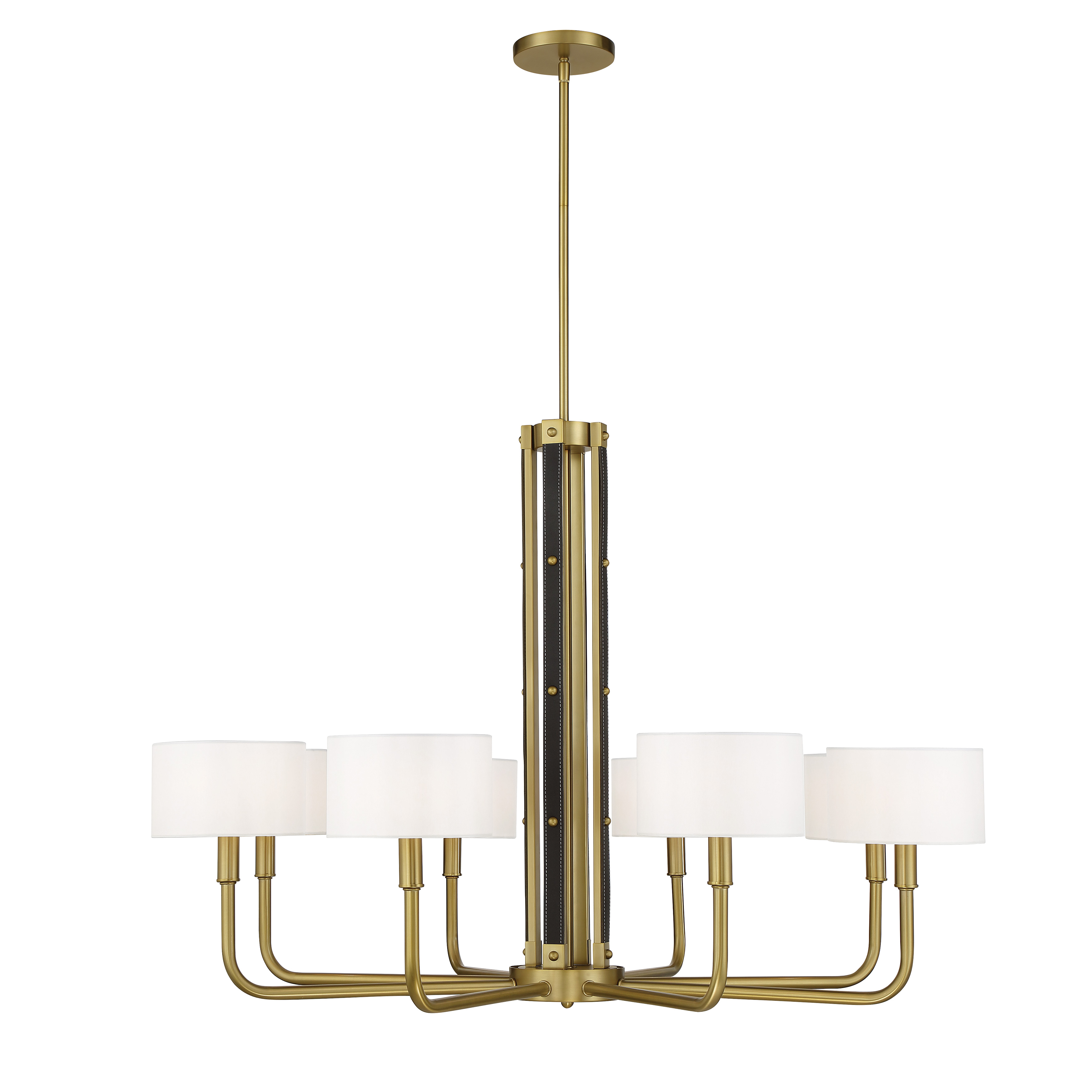 Robin Baron's Chelsea chandelier combines traditional sophistication with artisanal details. Eight candelabra lights with white silk shades create warm, diffused illumination, while leather accents add unexpected texture and luxury. - alternate view