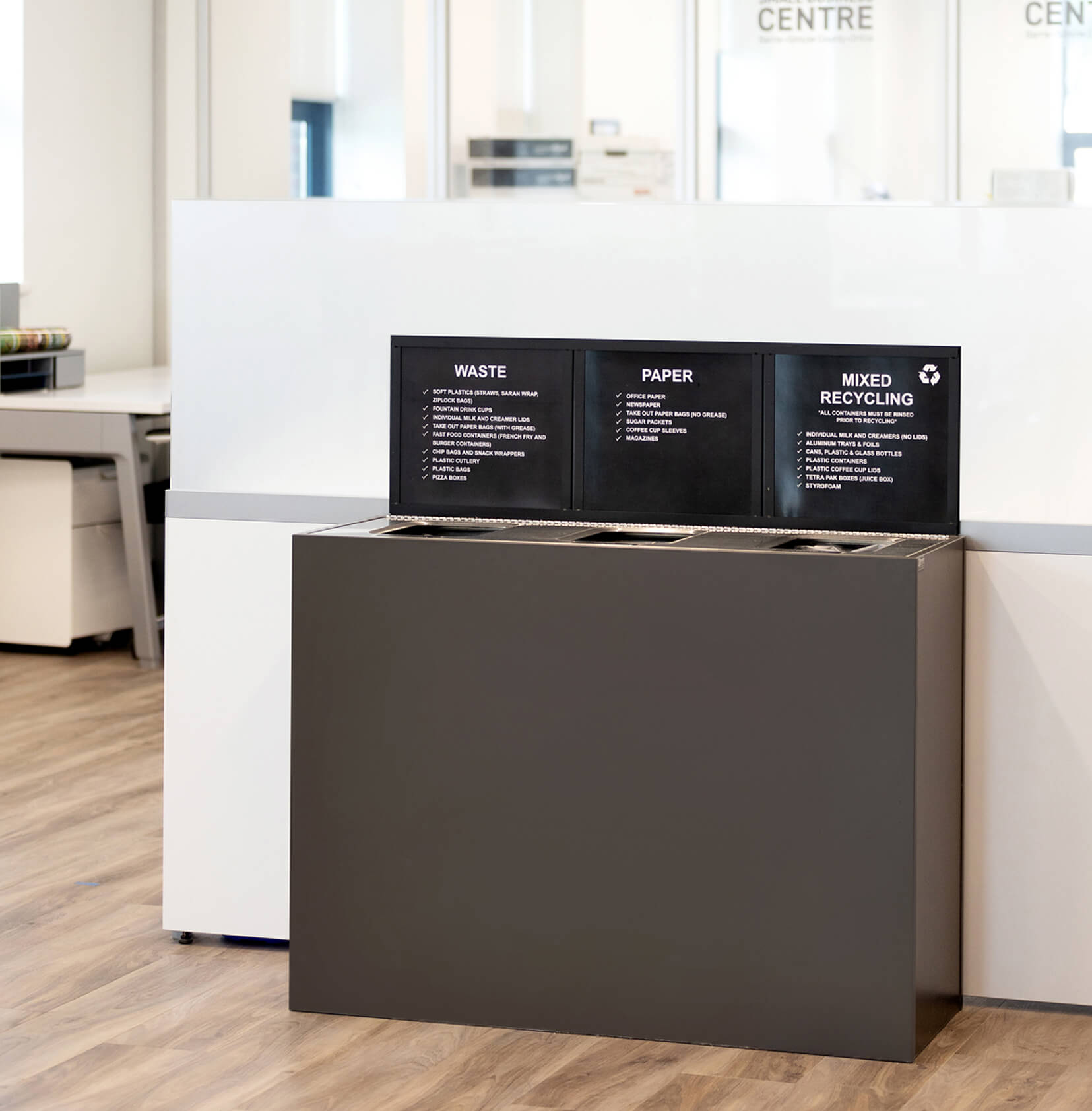 triple opening high-end waste and recycling station inside a modern office building