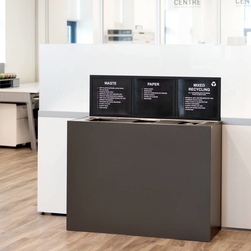 triple opening high-end waste and recycling station inside a modern office building