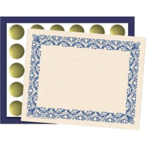 Art Deco Set - Blue Border Paper, Plain Folders, Gold Seals