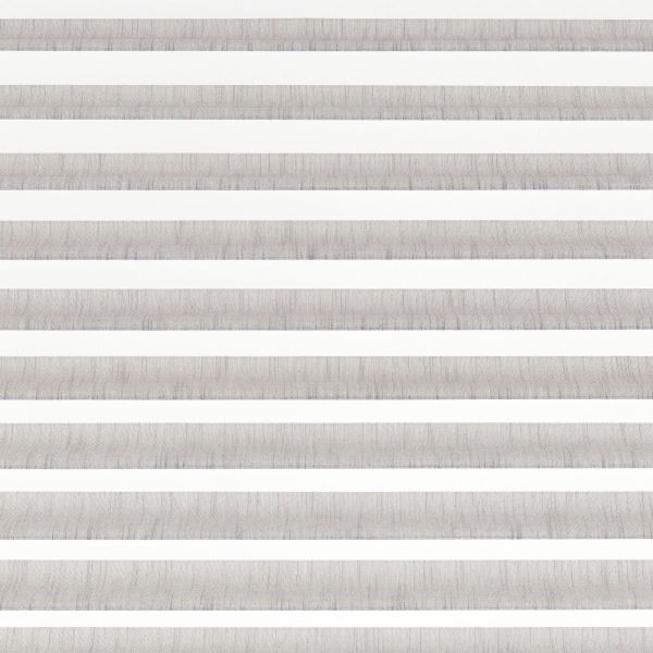 Horizontal zebra roller blind with alternating gray opaque and white sheer bands, aligned across the frame, filtering soft daylight in a neutral, evenly lit interior.