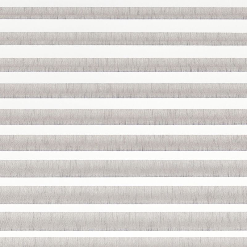 Horizontal zebra roller blind with alternating gray opaque and white sheer bands, aligned across the frame, filtering soft daylight in a neutral, evenly lit interior.