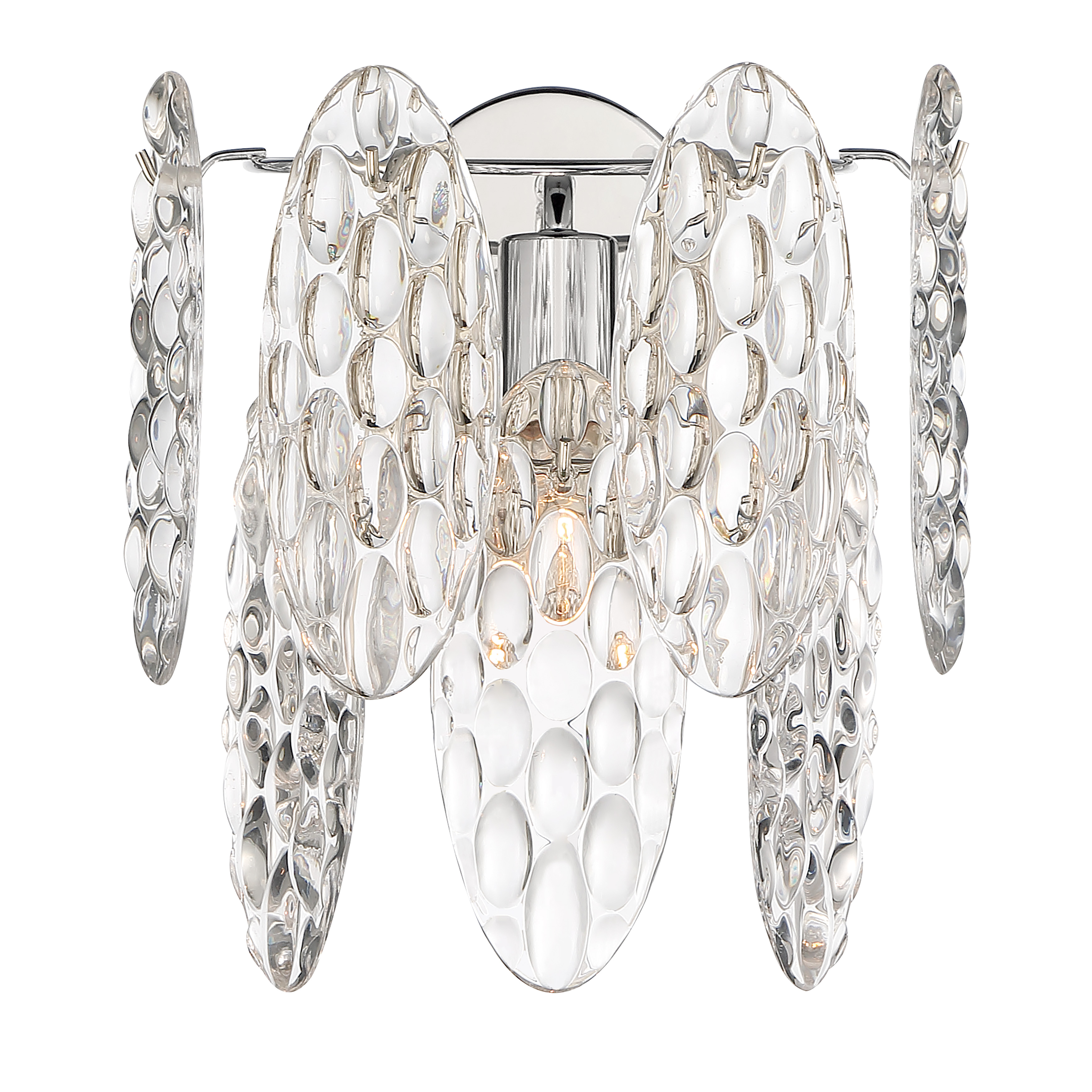 The Isabella's Reign wall sconce combines contemporary styling with classic elegance. Its polished nickel finish and clear textured glass shade create sophisticated ambient lighting perfect for bathrooms and hallways. - alternate view