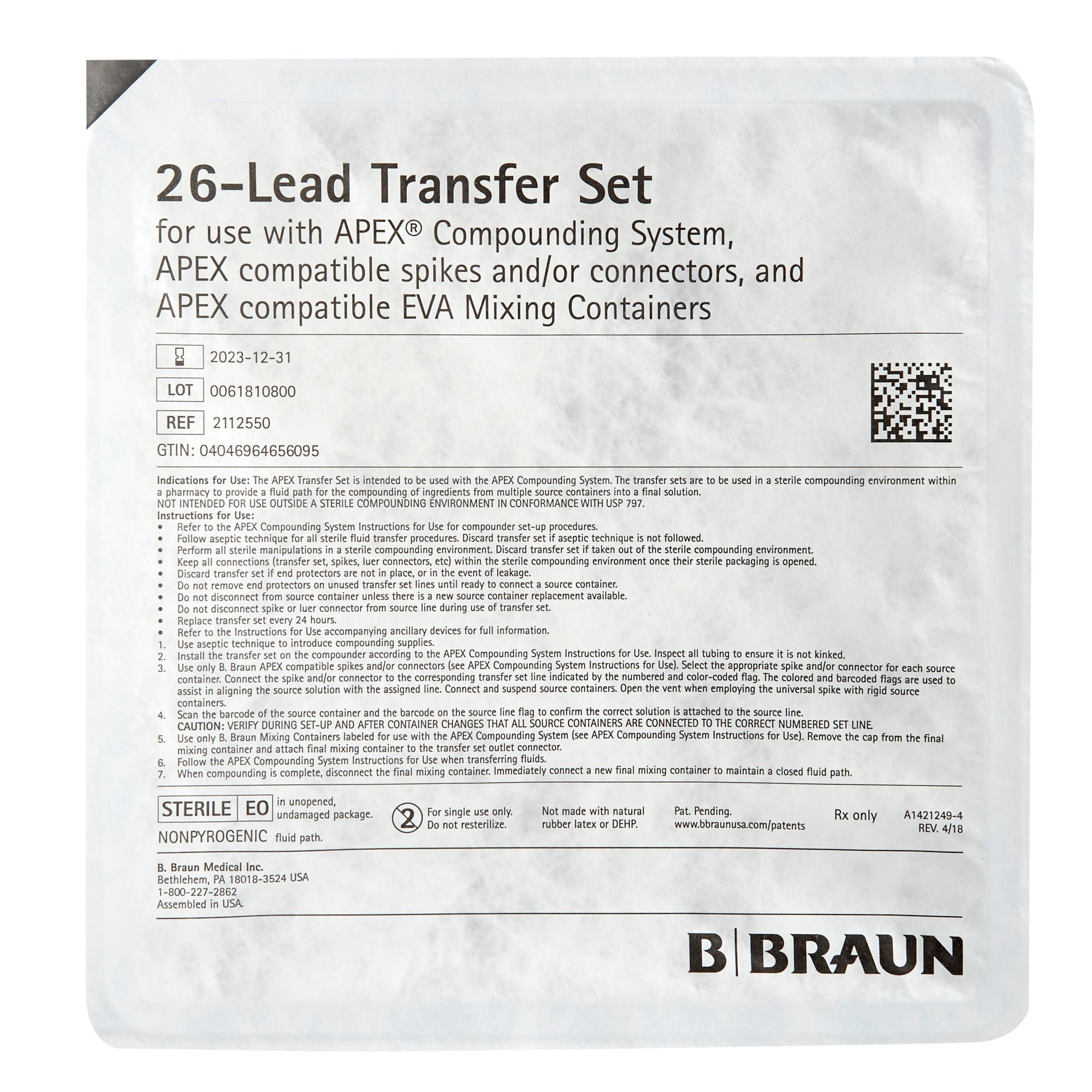 B. Braun Apex® Transfer Set for use with Apex Compounding System