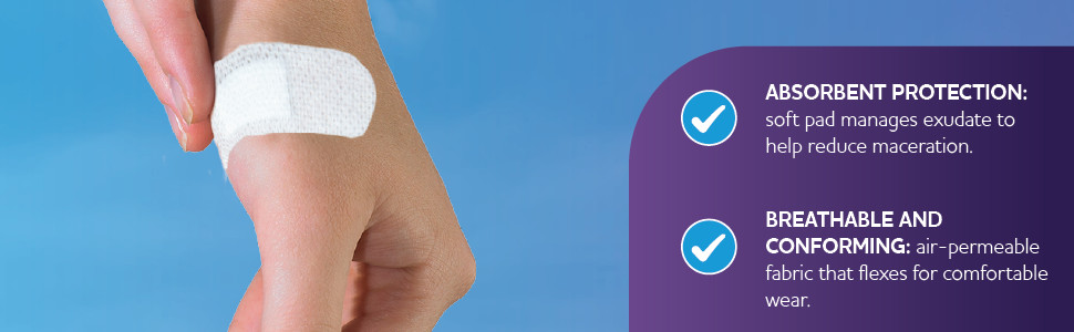 Absorbent protection: soft pad manages exudate to help reduce maceration.
Breathable and conforming: air‑permeable fabric that flexes for comfortable wear.