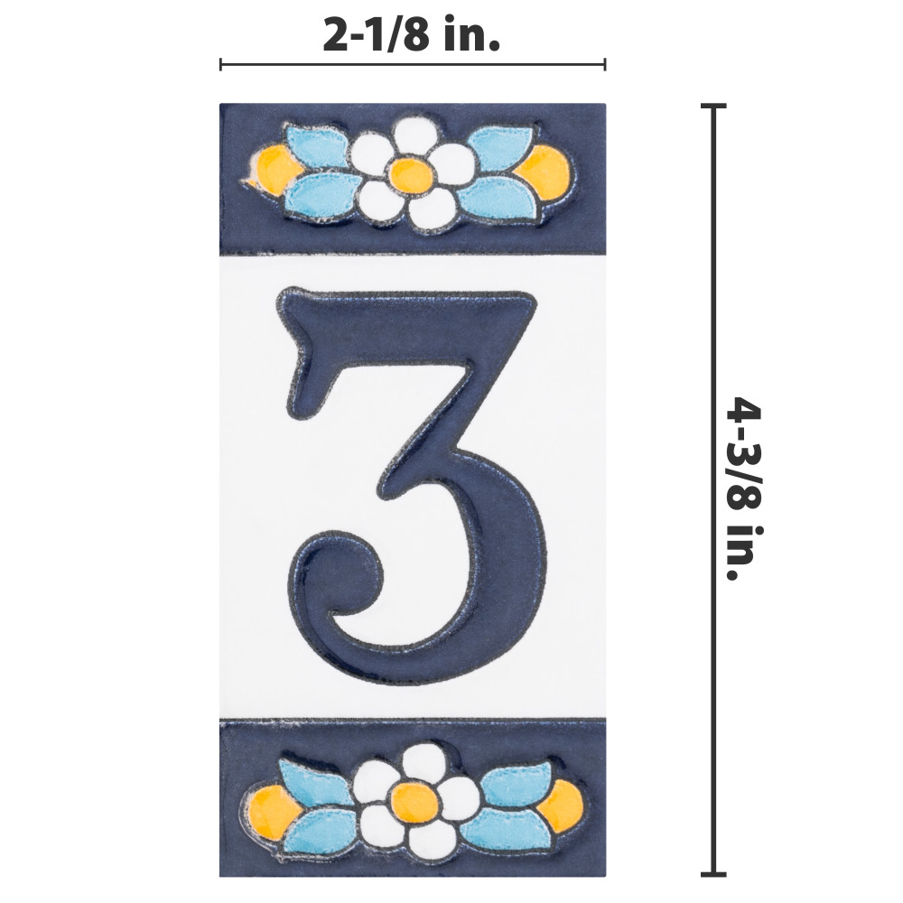 Sevillano Flora Address Numbers 3 2-1/8 in. x 4-3/8 in. Ceramic Wall Trim