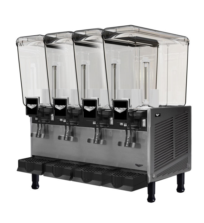 Refrigerated beverage dispenser with four 5.28-gallon bowls and stirring paddle circulation