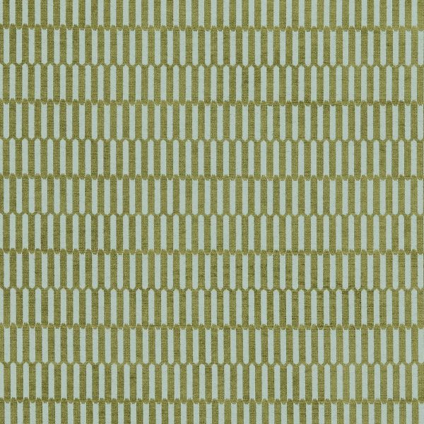 Wallpaper with narrow olive vertical rounded rectangles arranged in staggered rows; repeating geometric pattern. Pattern repeats across a flat, evenly lit pale blue-green surface.