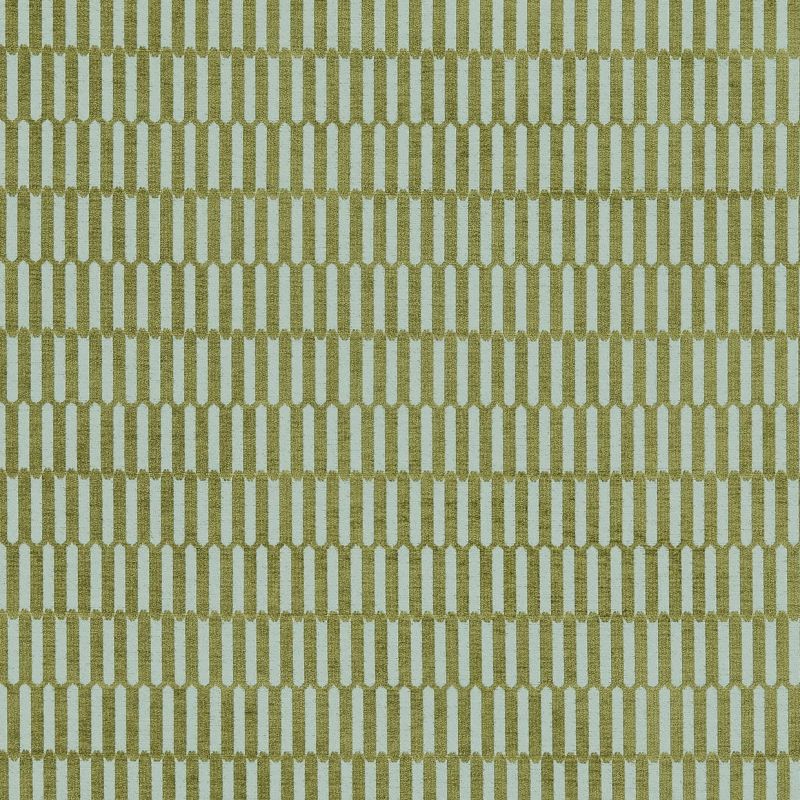 Wallpaper with narrow olive vertical rounded rectangles arranged in staggered rows; repeating geometric pattern. Pattern repeats across a flat, evenly lit pale blue-green surface.
