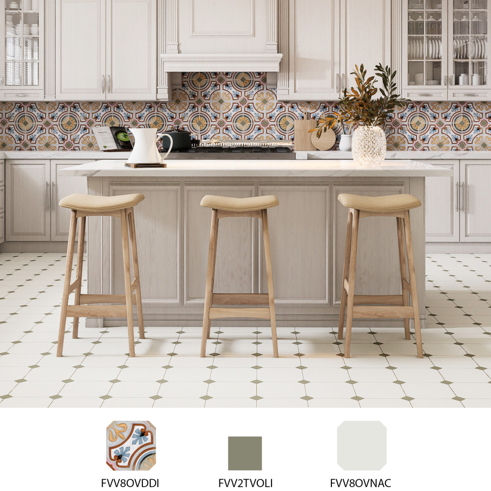 Vaudeville Octagon Deco Diglas with Taco Oliva 7-7/8 in. x 7-7/8 in. Porcelain Floor and Wall Tile