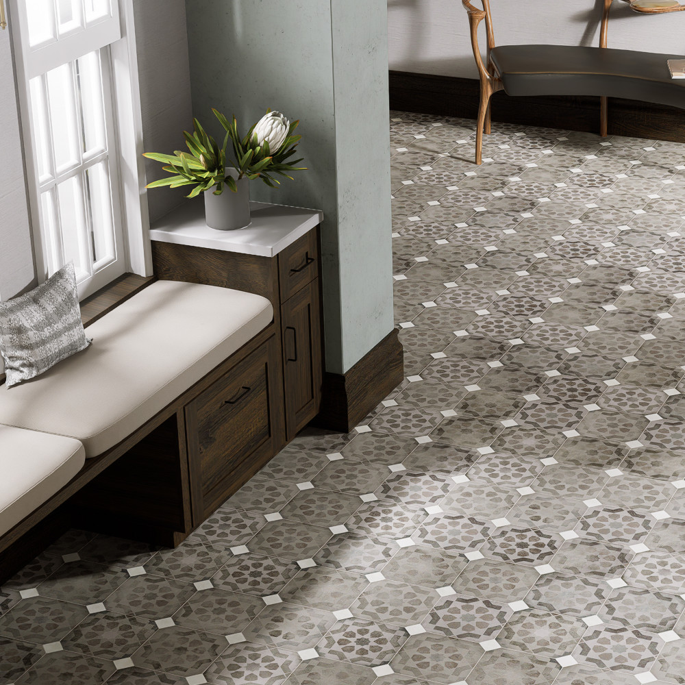 Laverton Octagon Deco Sombra with Taco Nieve 7-7/8 in. x 7-7/8 in. Porcelain Floor and Wall Tile