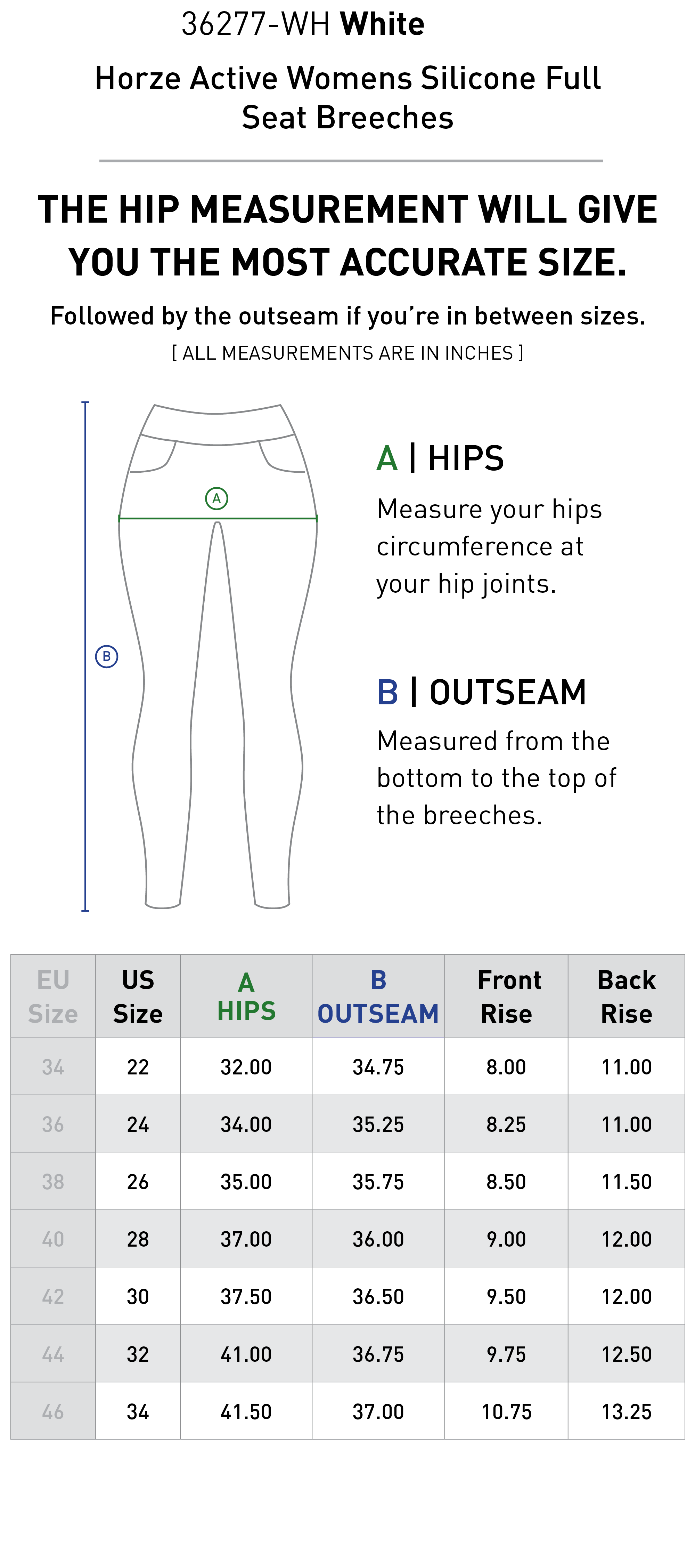 Size chart for Horze Active Womens Silicone Full Seat Breeches - White
