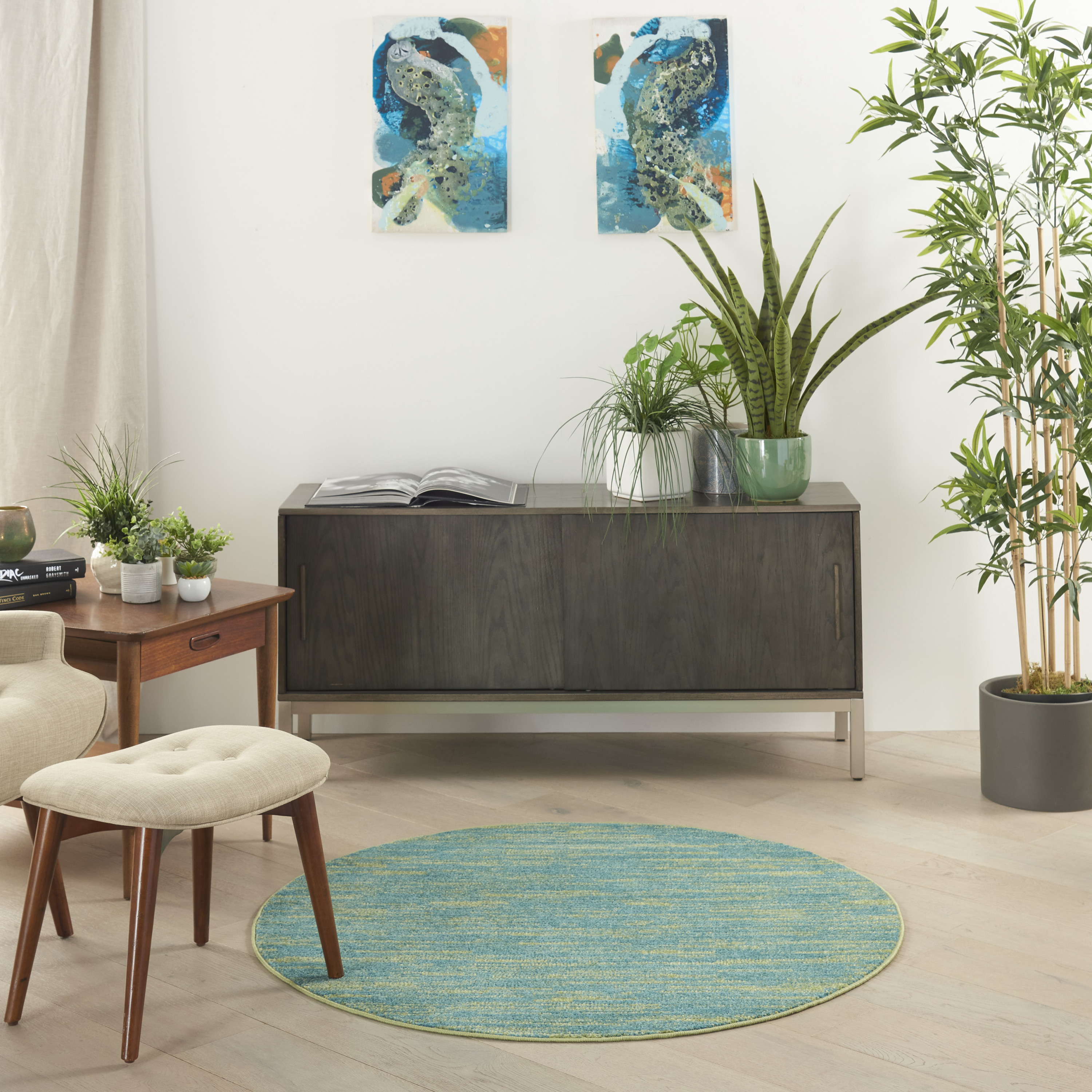 Nourison Nourison Essentials 4' x Round Blue Green Outdoor Rug
