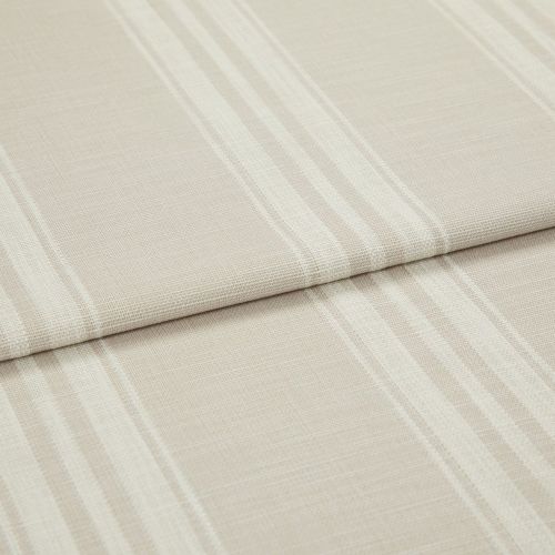 Beige-and-cream striped fabric, folded in layered horizontal pleats; woven texture visible; close-up view with soft, diffuse lighting on a neutral surface.