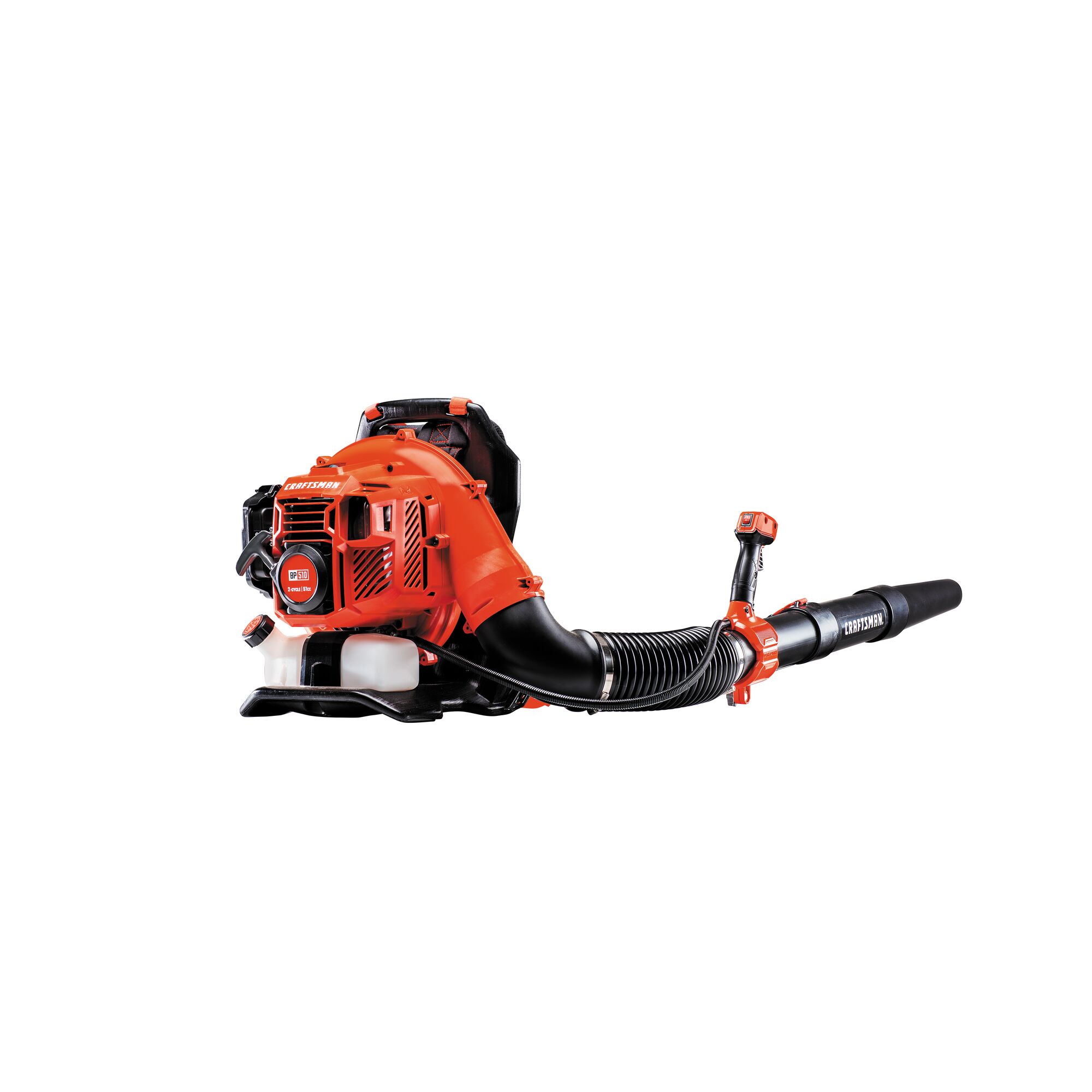 Back profile of 51 C C 2 cycle gas backpack leaf blower.