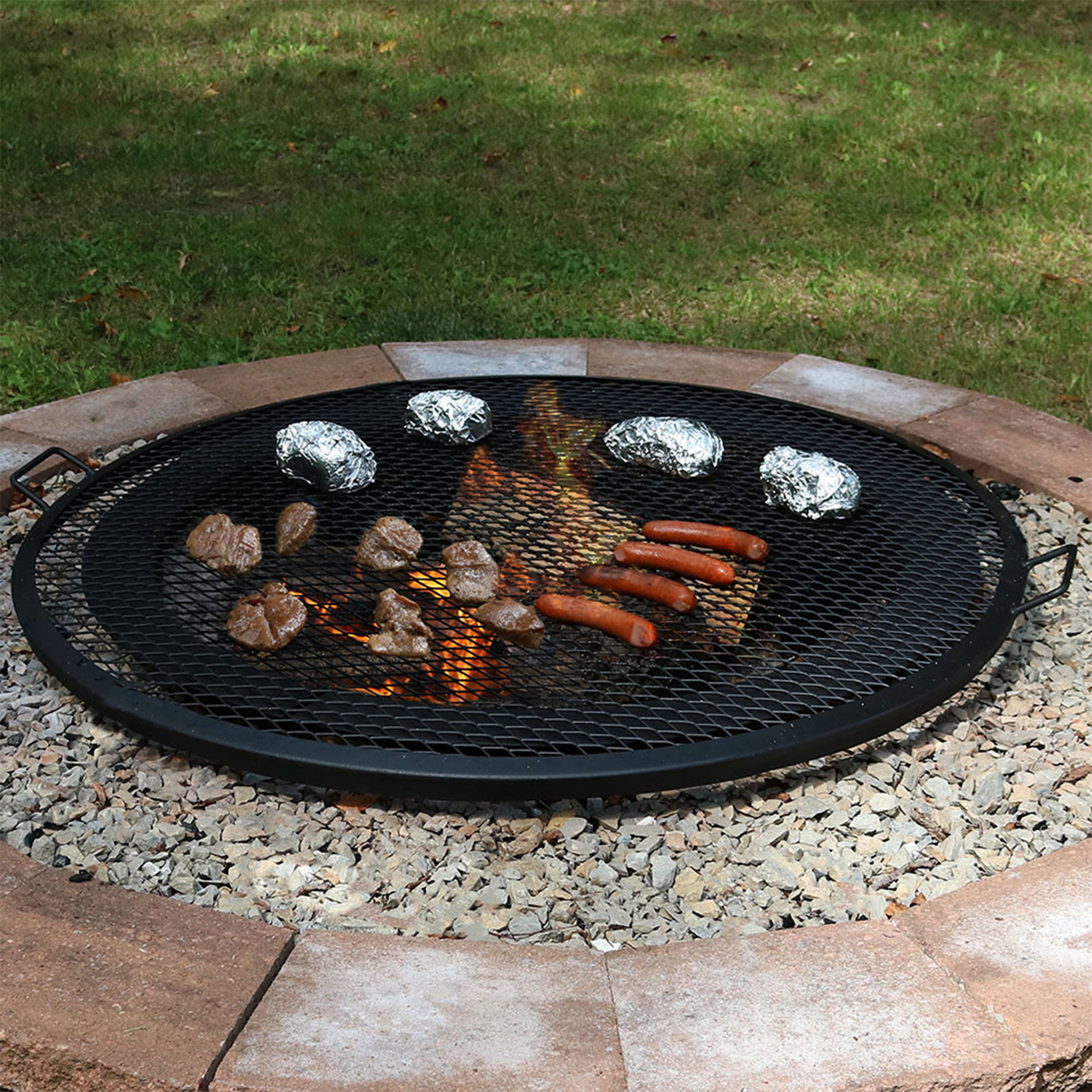 40 in Round Steel X-Mark Fire Pit Cooking Grill with Handles by Sunnydaze