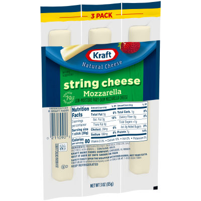 Kraft Natural Cheese Snacks Mozzarella Low-Moisture Part-Skim 3 Ct UPC 00211090 String Cheese 3 Oz Pack