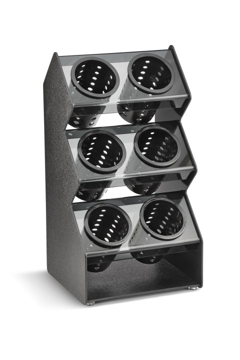 Six-compartment vertical countertop flatware organizer with removable black perforated cylinders