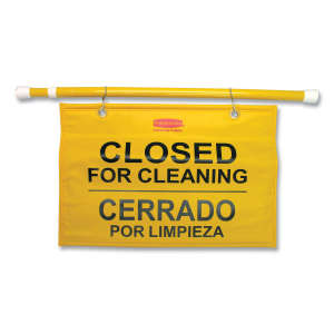 Rubbermaid Commercial, Multilingual, Closed <em class="search-results-highlight">For</em> Cleaning Hanging Sign, Yellow, 13"