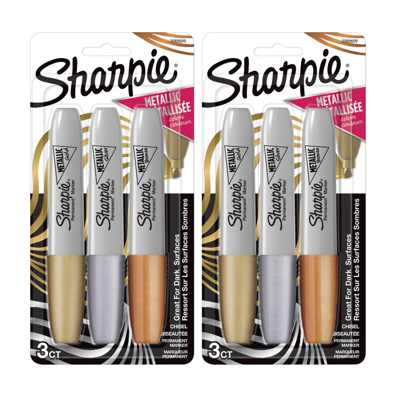 Metallic Permanent Markers, Chisel Tip, Assorted Colors, 3 Per Pack, 2 Packs