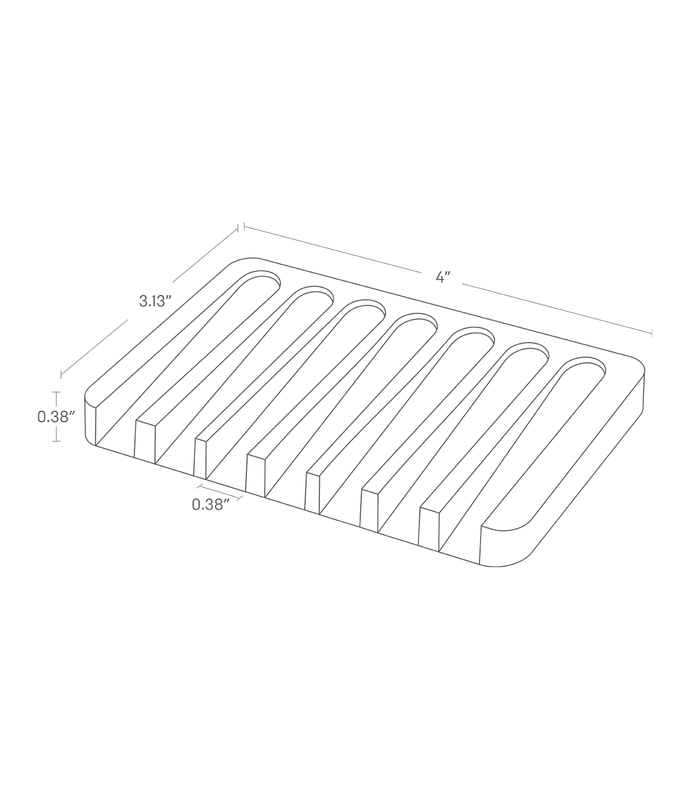 Porte-savon auto-drainant FLOW. 4 pouces de long, 3,3 pouces de large, 0,38 pouces de haut.