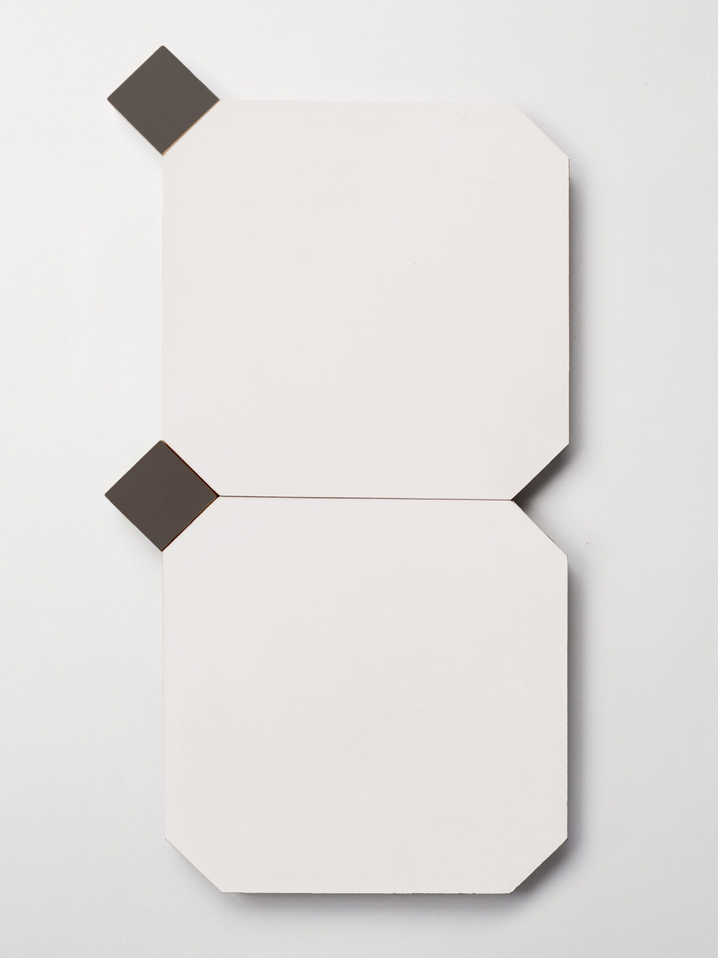 a pair of white octagon and black square tiles fitting together on a white background.