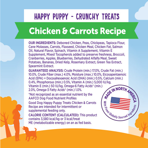 <p>Deboned Chicken, Peas, Chickpeas, Tapioca Flour, Cane Molasses, Carrots, Flaxseed, Chicken Meal, Chicken Fat (preserved with Mixed Tocopherols), Salmon Oil, Natural Flavor, Spinach, Vitamin A Supplement, Vitamin E Supplement, Mixed Tocopherols added to preserve freshness, Broccoli, Cranberries, Apples, Blueberries, Dehydrated Alfalfa Meal, Sweet Potatoes, Bananas, Dried Kelp, Rosemary Extract, Green Tea Extract, Spearmint Extract.</p>
