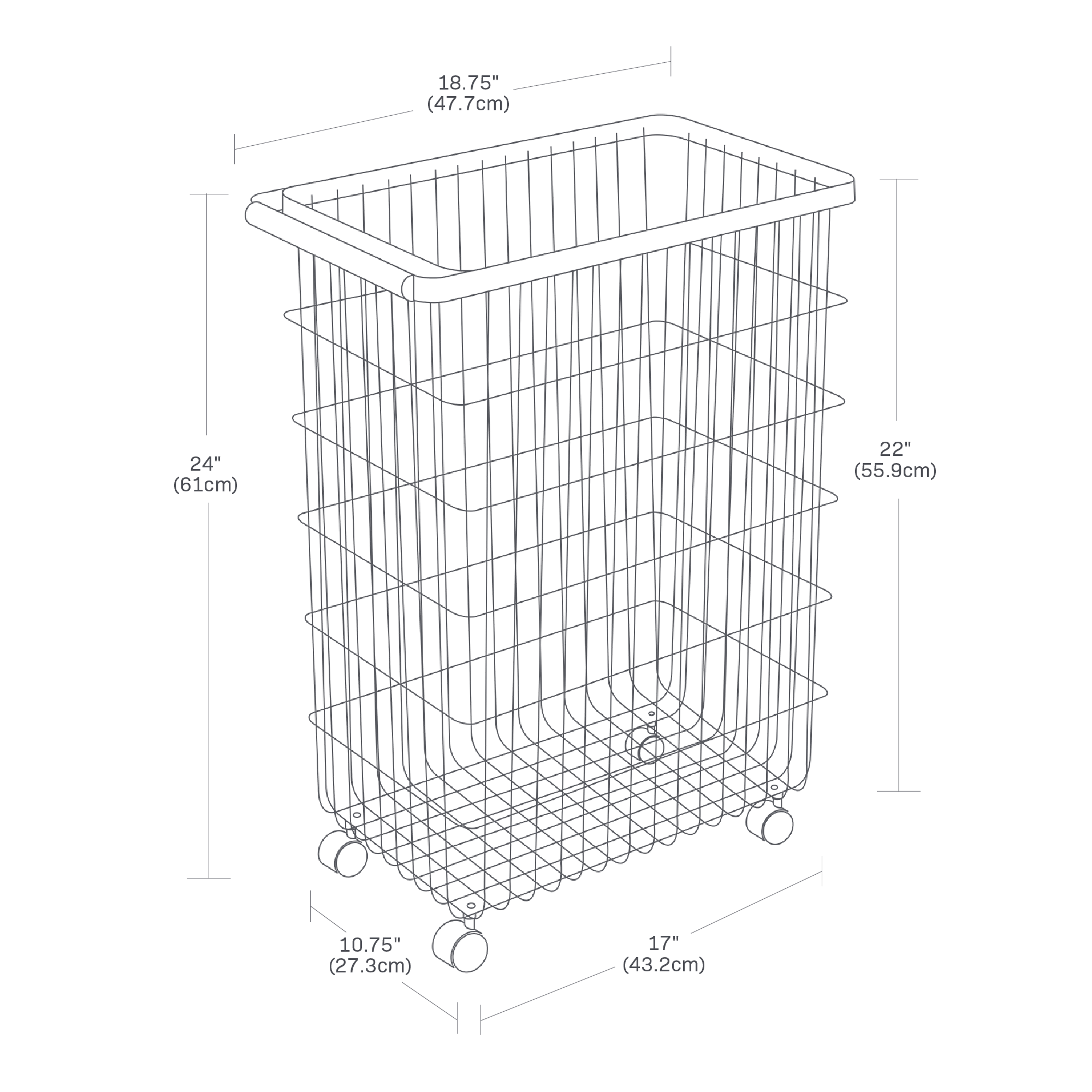 Image dimensionnelle du panier métallique roulant avec une hauteur totale de 24", une largeur totale de 18,75" et une profondeur de 10,75". Le panier lui-même mesure 22" de profondeur et la largeur au bas du panier est de 17".