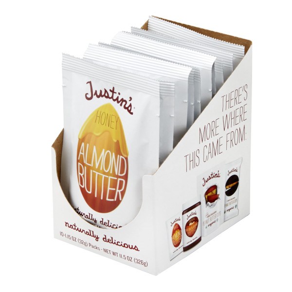 JUSTIN'S (r) Honey Almond Butter 1.15 oz Squeeze Packs . C1RP - Front Right Pallet/Display (Hi Res)