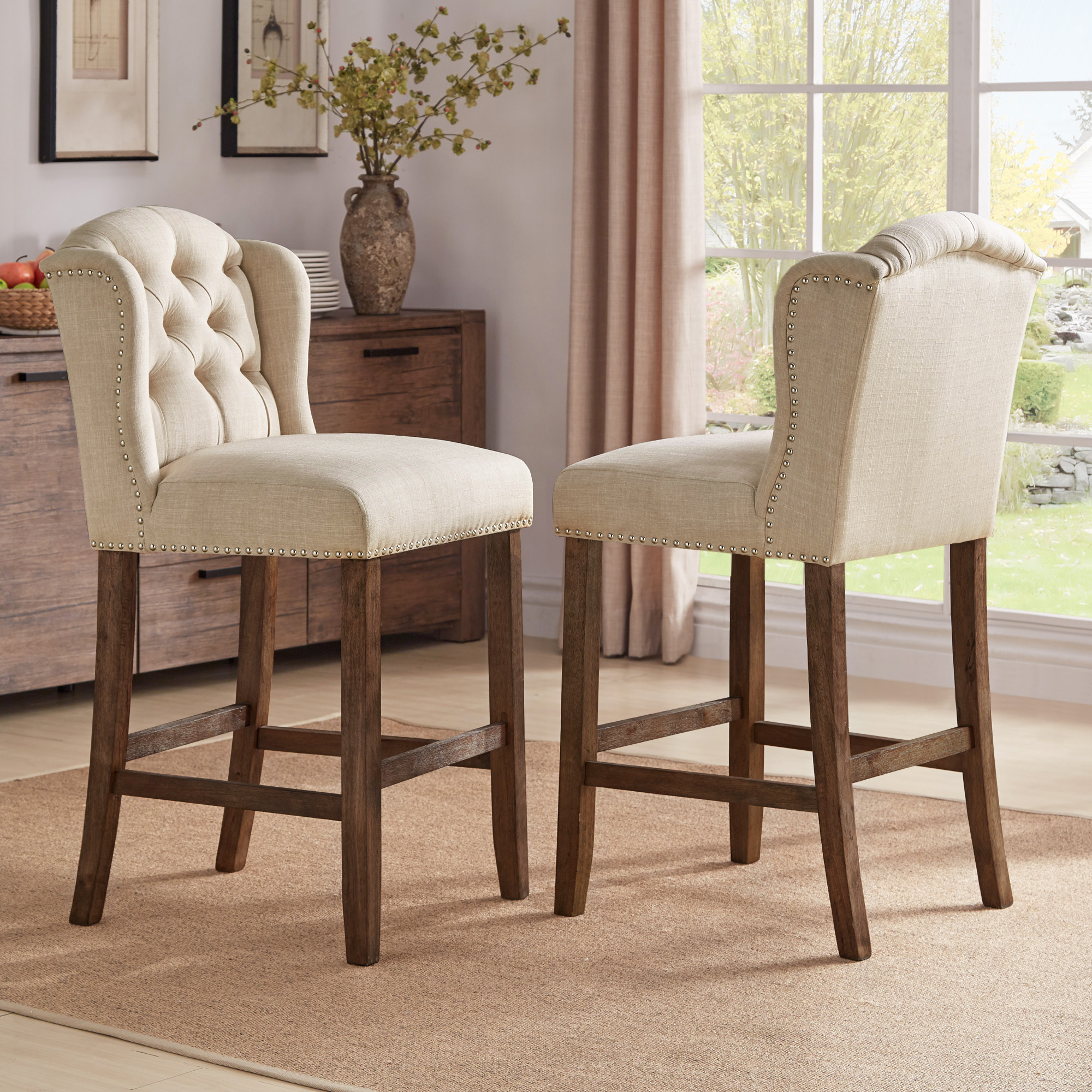 Tufted Linen Wingback Stools (Set of 2)