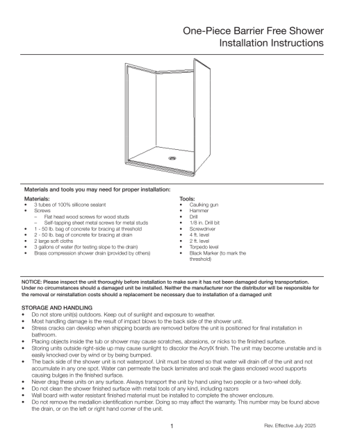 Installation Guides — One Piece Barrier Free Installation Guide