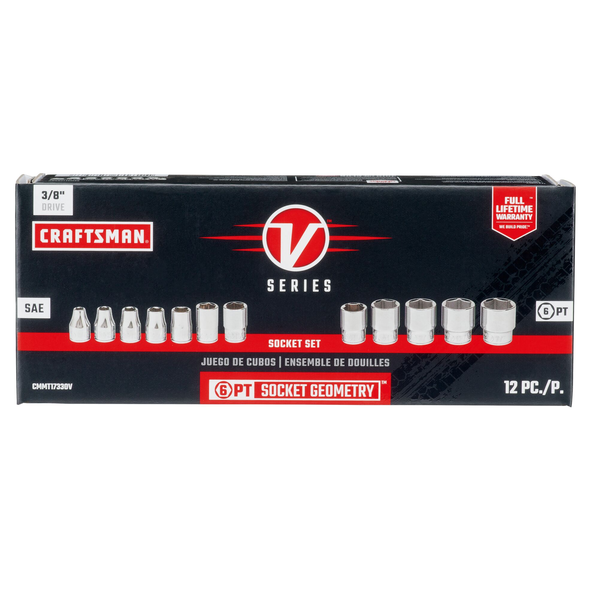 3 eighths inch drive S A E 6 point socket set 12 piece in cardboard packaging.
