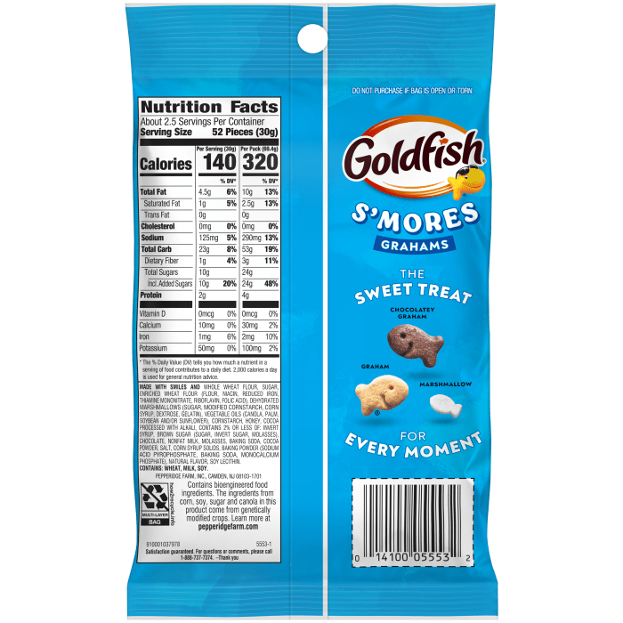 Goldfish® S'mores Baked Grahams, 2.45 oz, bag - Back Image