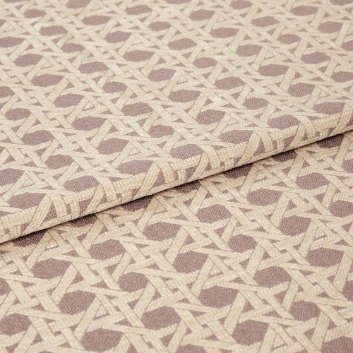 Woven upholstery fabric, beige and taupe geometric lattice with octagonal motifs, folded over itself; lying flat to show texture and pattern in a close-up studio product shot with soft lighting.