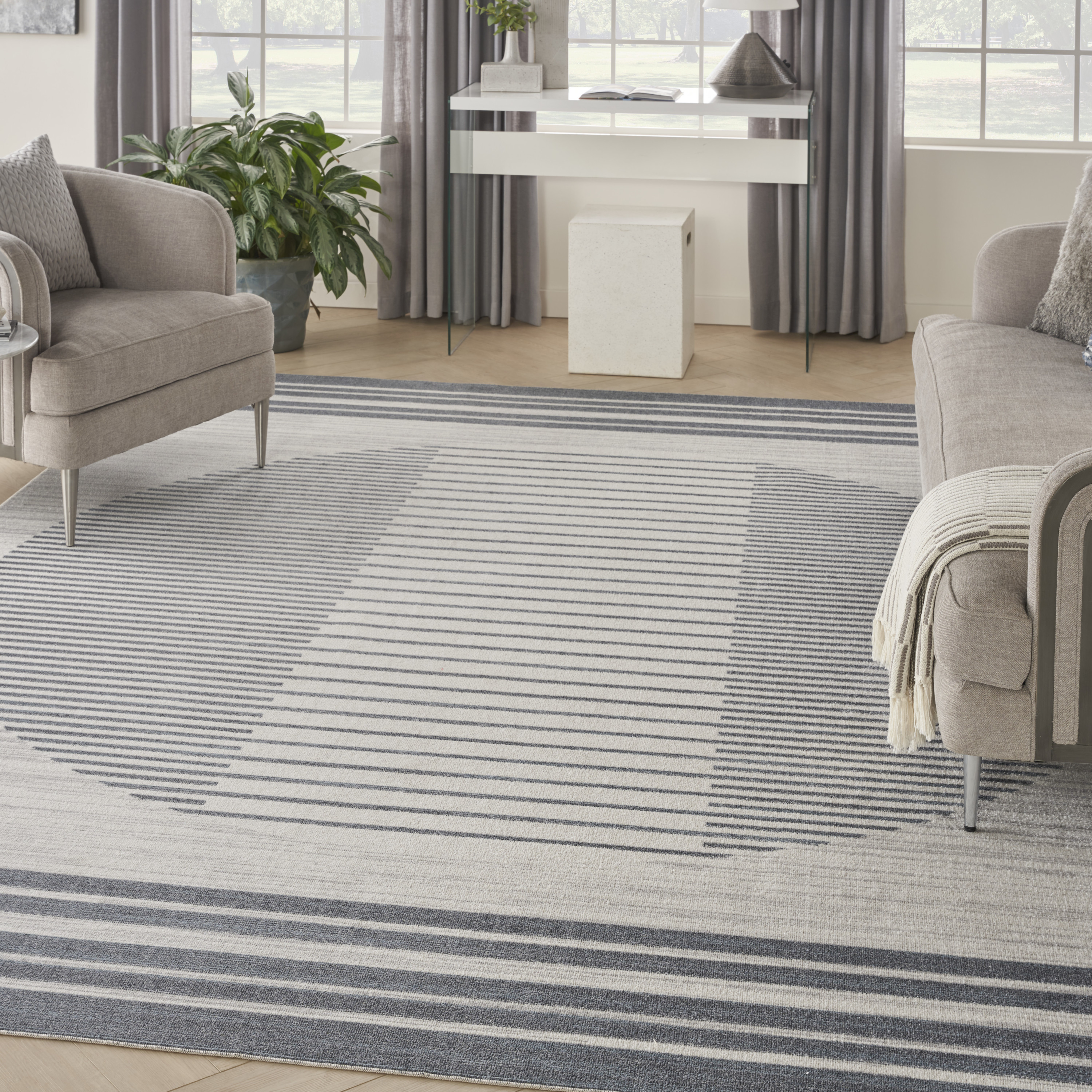 Nourison Astra Machine Washable 7'10" x 10' Ivory Blue Mid-Century Modern Indoor Rug