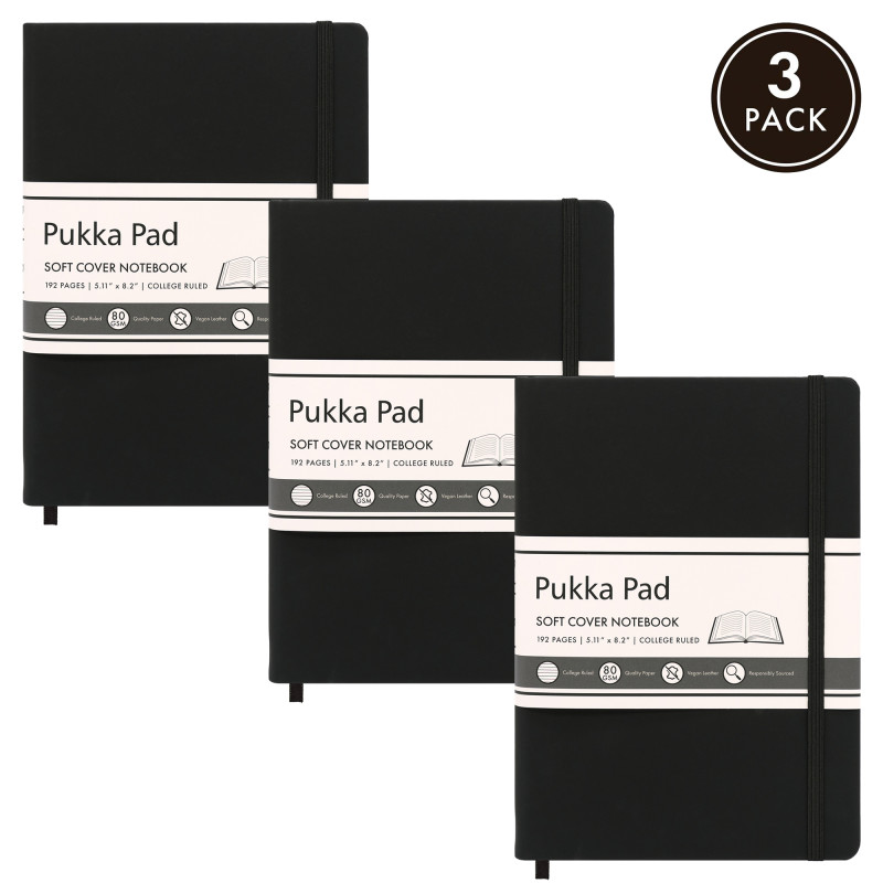 Pukka Soft Cover A5 College Ruled - Black, Pack of 3