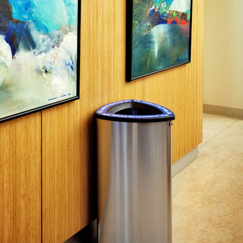 single mixed recycling bin made from stainless steel in a contemporary office