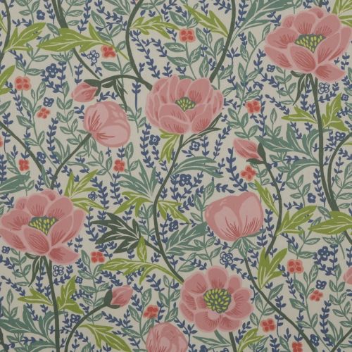 Floral printed fabric or wallpaper covering a flat surface, showing large pink peonies, green leaves and tiny blue sprigs; pattern repeats densely, evenly lit close-up decorative surface.
