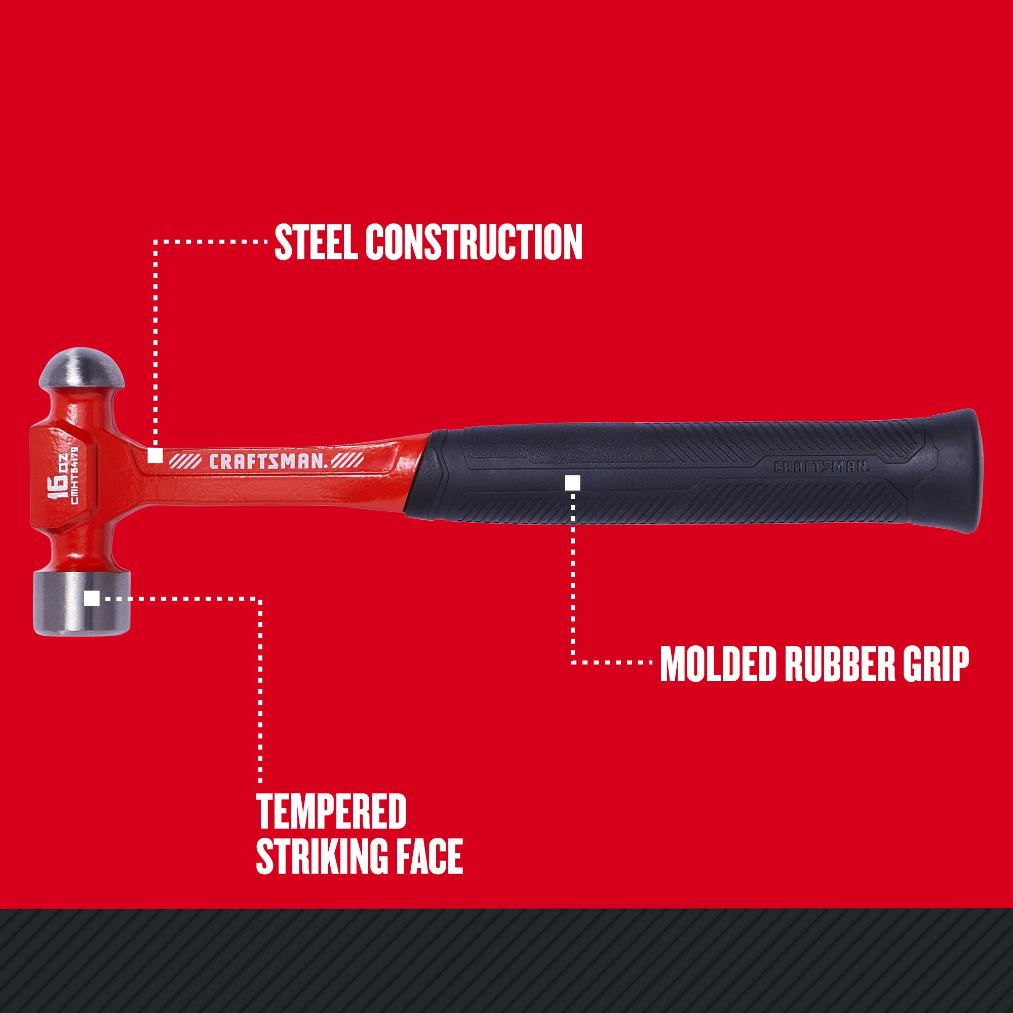 Graphic of CRAFTSMAN Hammers: One-Piece Steel highlighting product features