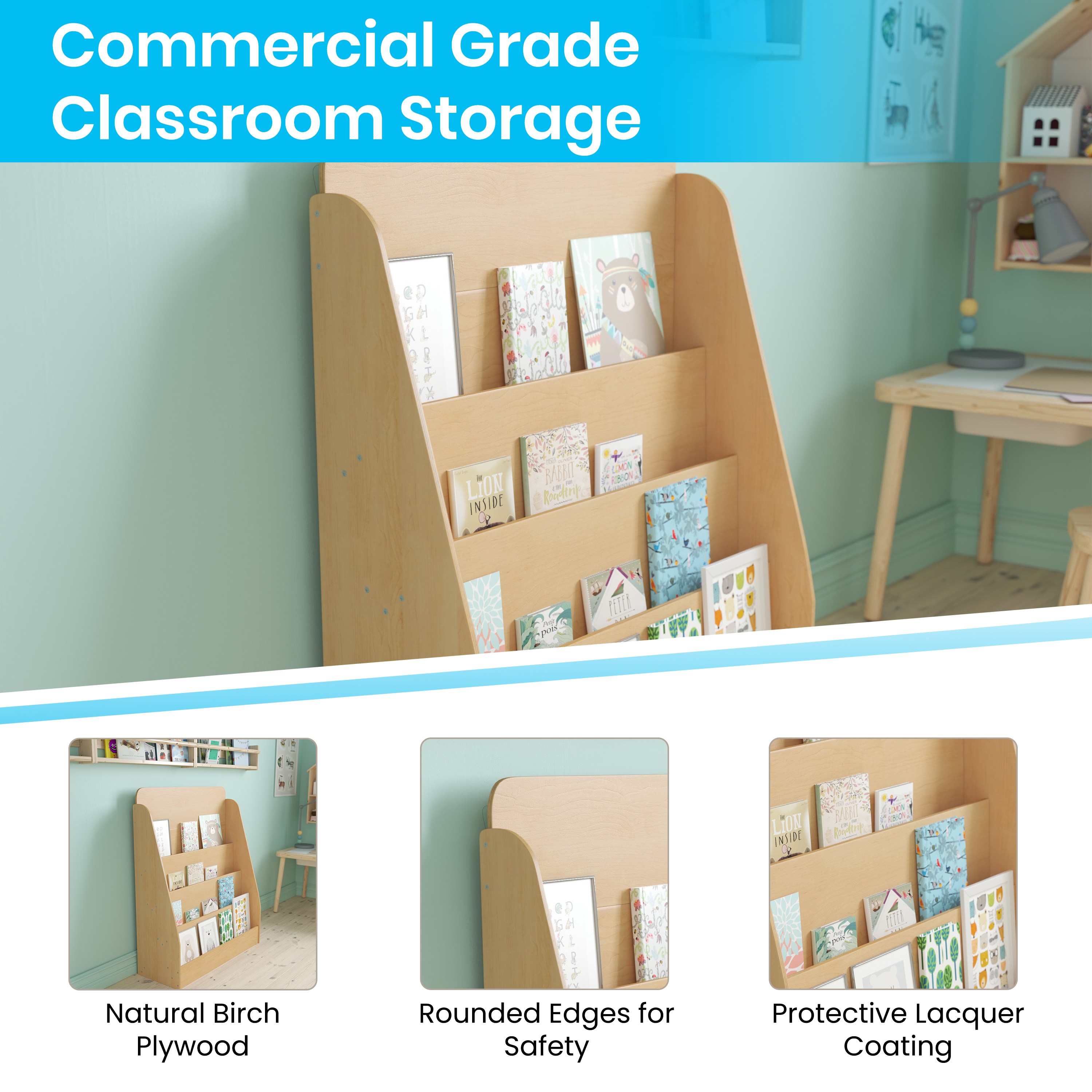 Estante de almacenamiento de libros de madera natural para niños con 4 listones de almacenamiento y apto para niños... - Imagen 5 de 12