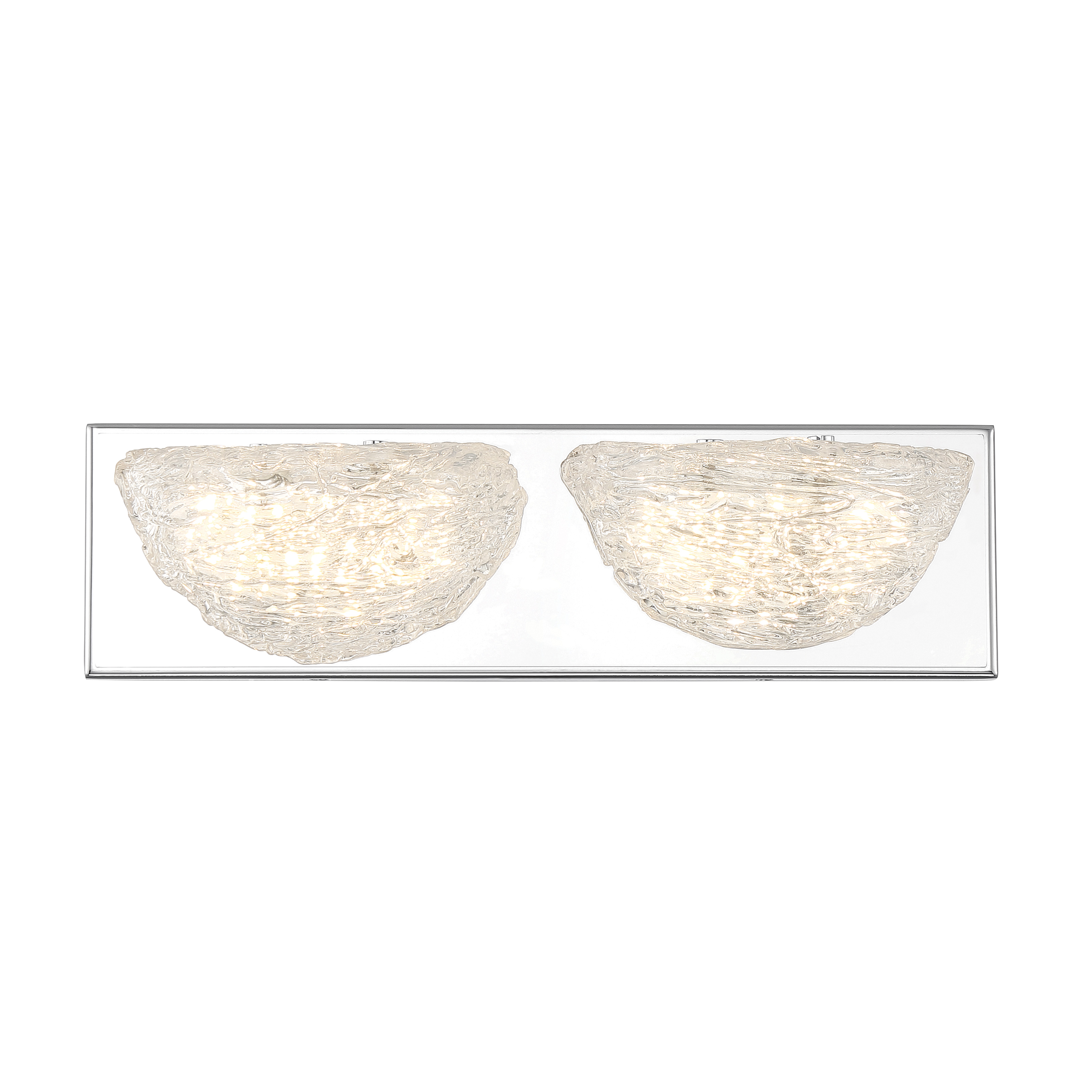 The Modern Ice 2-Light LED Bath combines contemporary chrome styling with artisan clear glass shades. ADA-compliant with integrated LED technology delivering 1,777 lumens and excellent 92 CRI for true color rendering. - alternate view