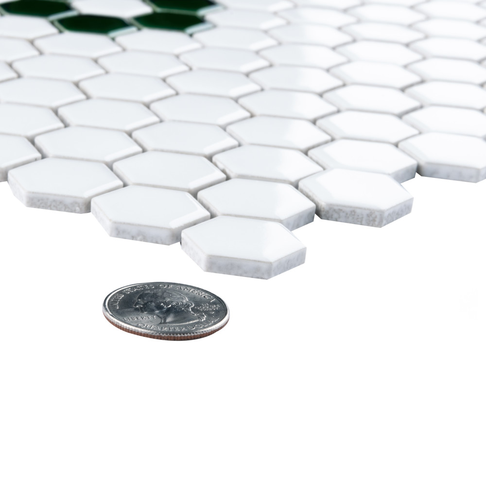 Metro Ion 1″ Hex Emerald Single Flower w/ Glossy White 10-1/4 in. x 11-7/8 in. Porcelain Mosaic Tile