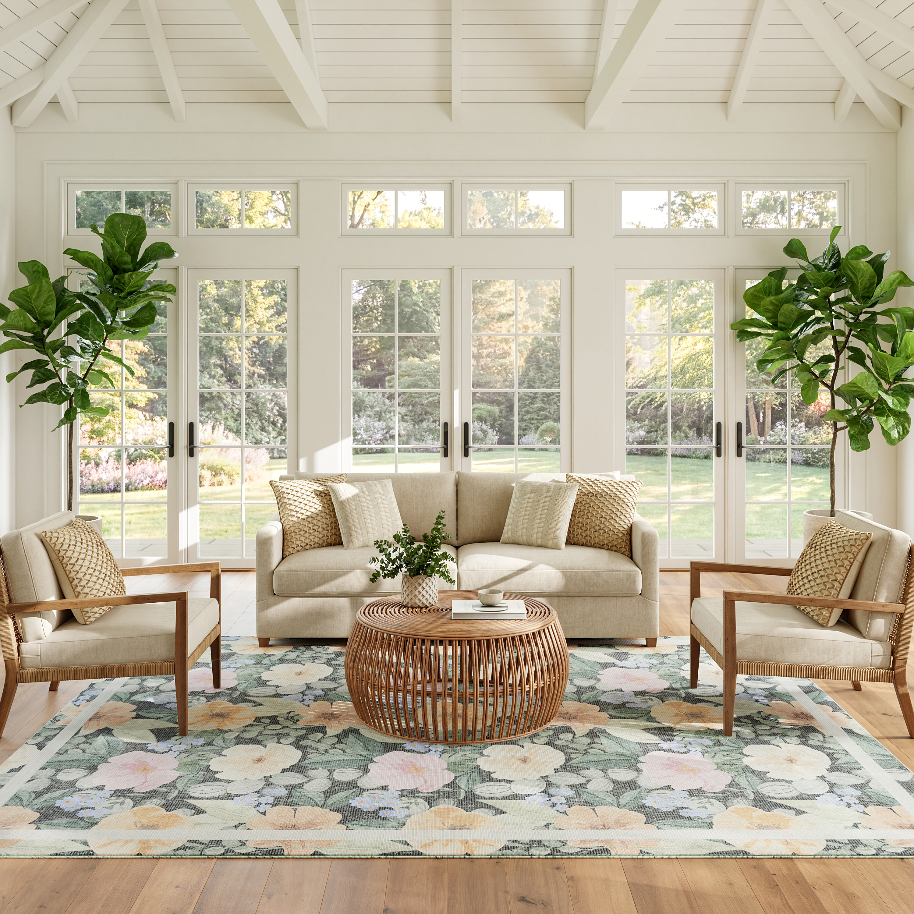 Nourison Botanical Washables 5' x 7' Charcoal Multicolor Farmhouse Indoor Rug