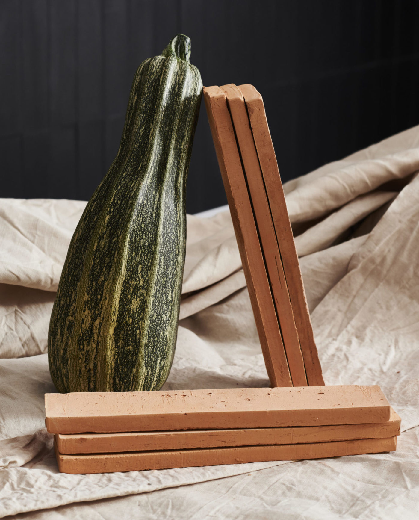 a squash leaning against three rectangular terracotta tiles.