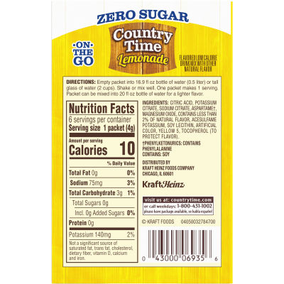 Country Time Zero Sugar Lemonade Drink Mix, 6 ct On-the-Go Packets
