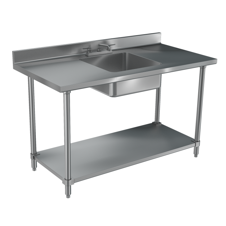 144- x 30-inch 4-Series Back of House Open Base 14-Gauge Stainless Steel Work Table with Bottom Shelf and Center-Aligned Sink