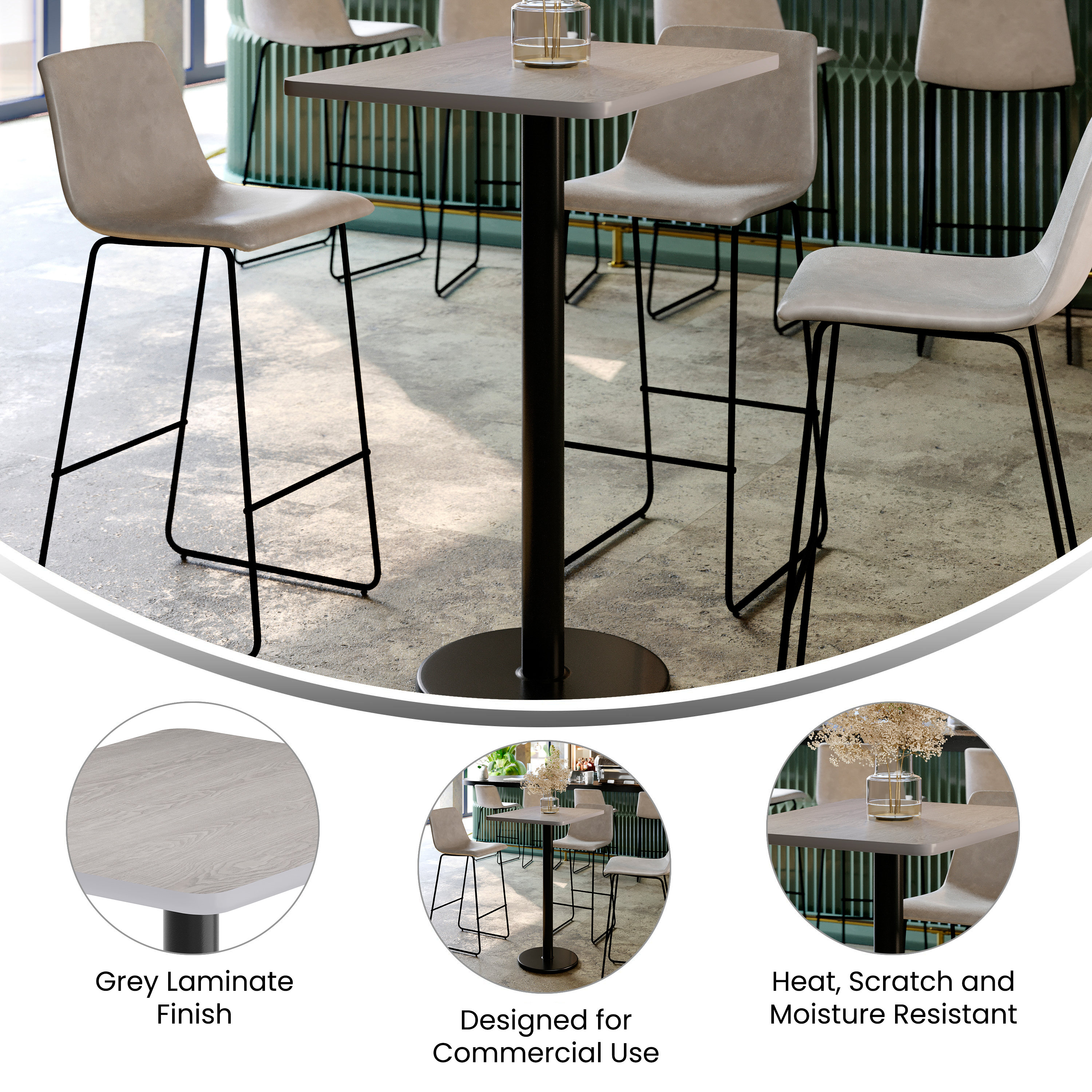 Stiles 24'' x 30'' Gray Rectangular Laminate Table Top with Black 18" Round B... - Picture 20 of 35