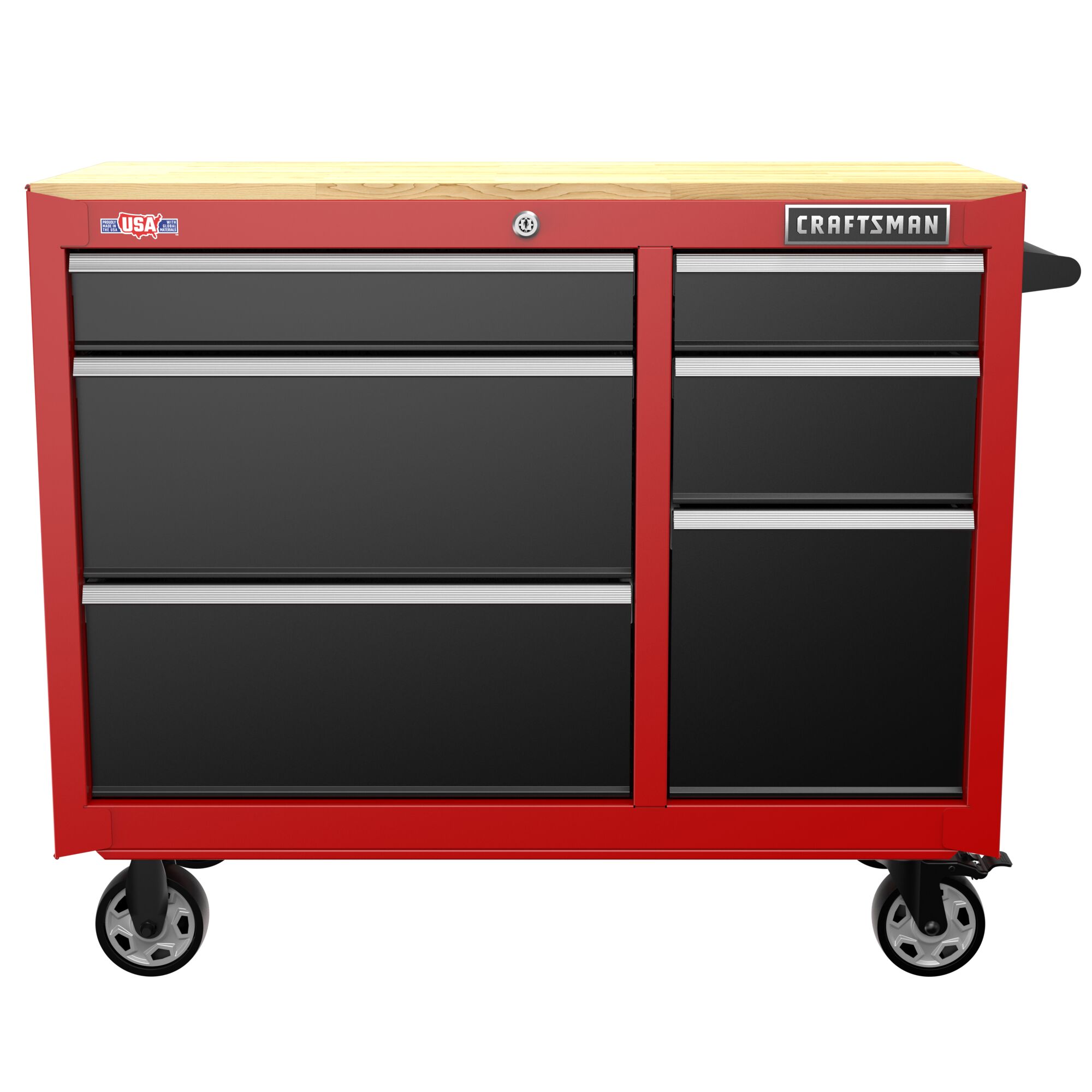 One red CRAFTSMAN 41 inch Wide 6-Drawer Mobile Workbench