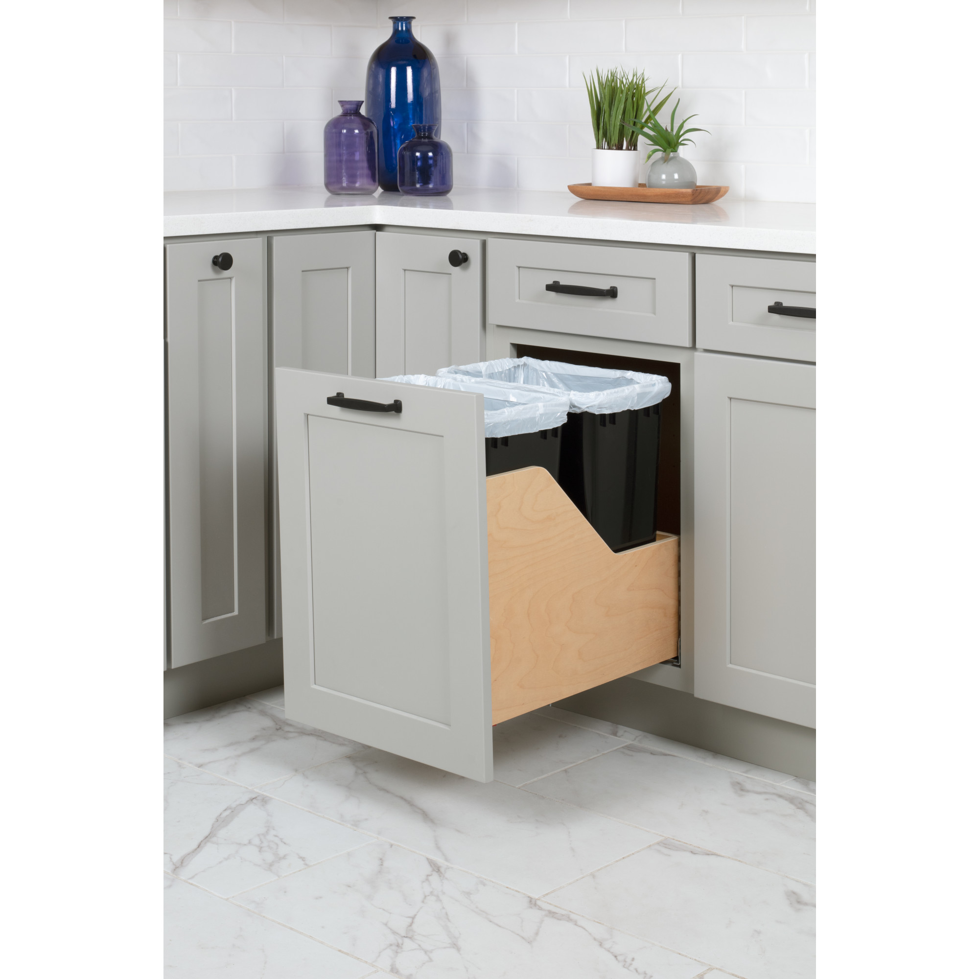 Double 35 Quart Wood Bottom-Mount Soft-close Trashcan Rollout for Door Mounting, Includes Two Black Cans